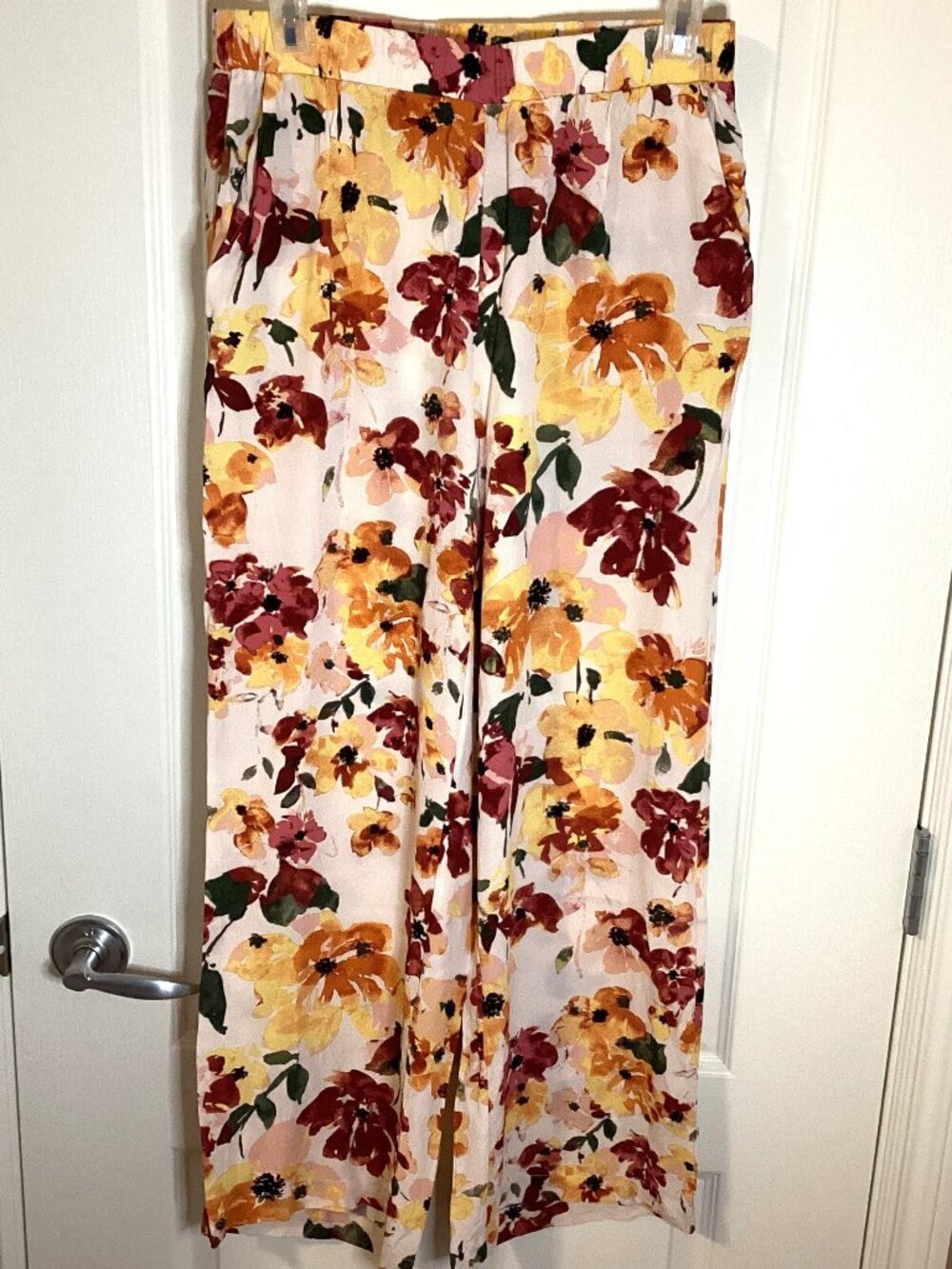 ICHI Floral Wide Leg Palazzo Pants Cream Yellow Orange Red Linen Blend Pockets - Picture 2 of 8